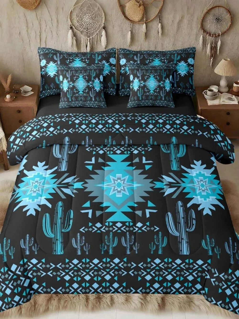 Black Southwestern Aztec Comforter Set with Sheets for Kids Boys Girls Geometric